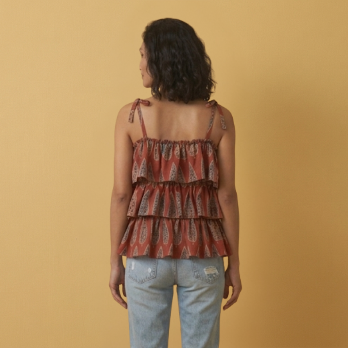 Cotton Ajrakh Hand Block Spaghetti Frill Top