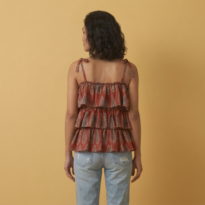 Cotton Ajrakh Hand Block Spaghetti Frill Top