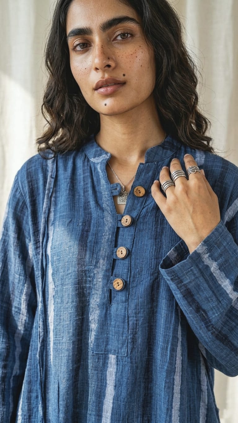 Deep Indigo Dye Kurti With Wooden Buttons