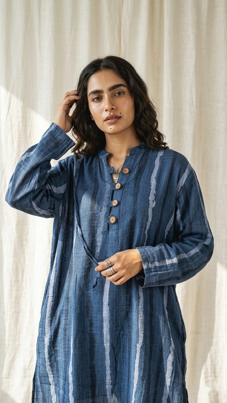 Deep Indigo Dye Kurti With Wooden Buttons