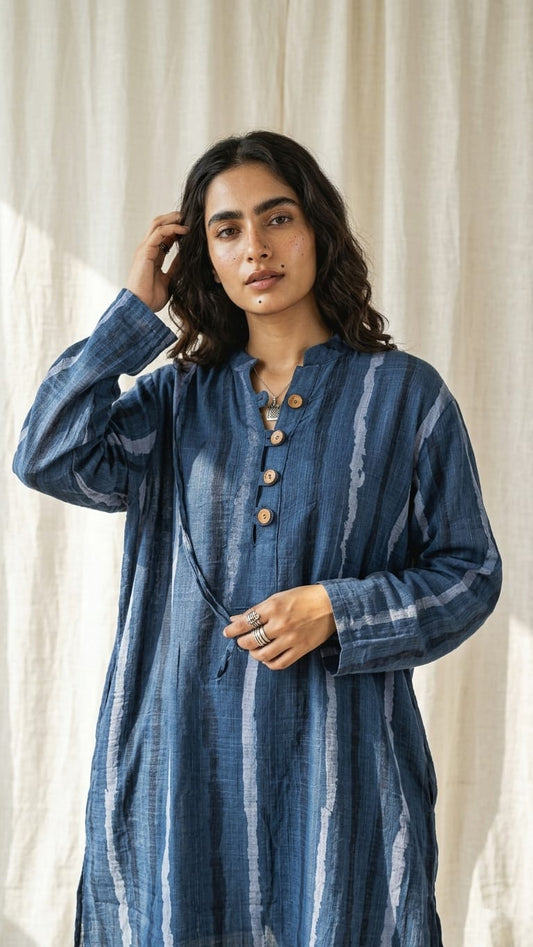 Deep Indigo Dye Kurti With Wooden Buttons