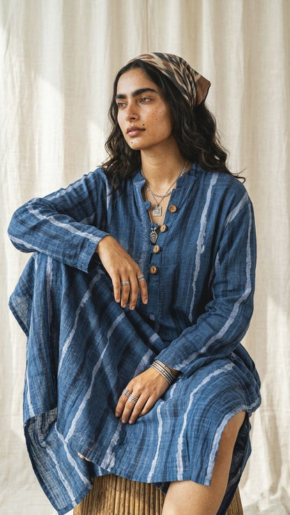 Deep Indigo Dye Kurti With Wooden Buttons
