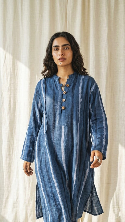 Deep Indigo Dye Kurti With Wooden Buttons