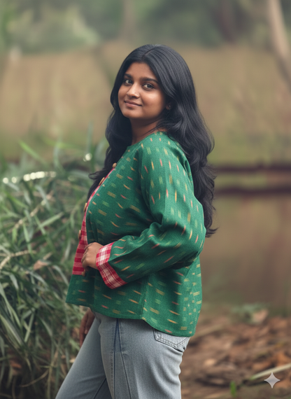 Hand woven cotton ikkat with Gamcha yoke and wooden buttons