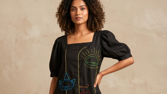 Hand Embroidered Black Linen Midi Dress | Women’s Sustainable Wear