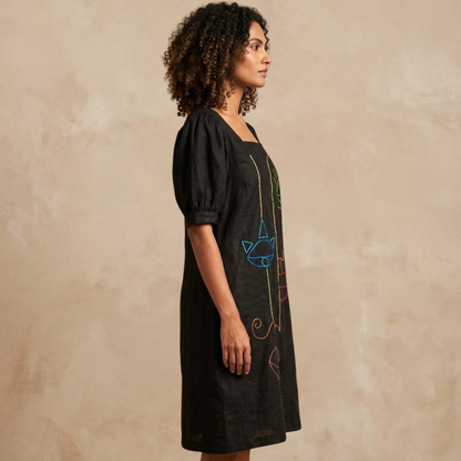 Hand Embroidered Black Linen Midi Dress | Women’s Sustainable Wear