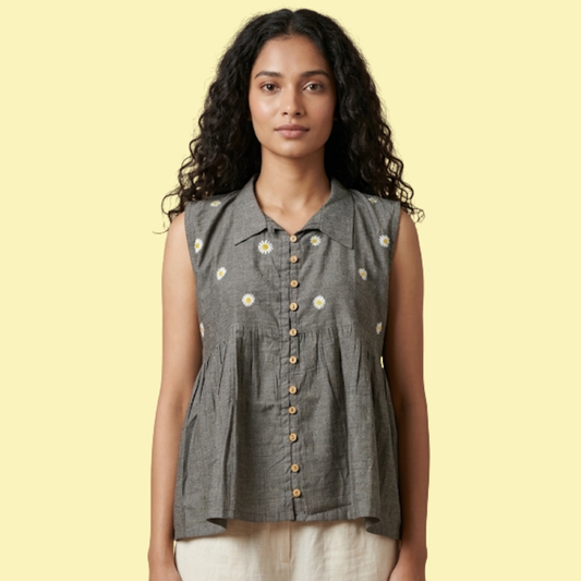 Hand Embroidered Daisy Mangalagiri Top