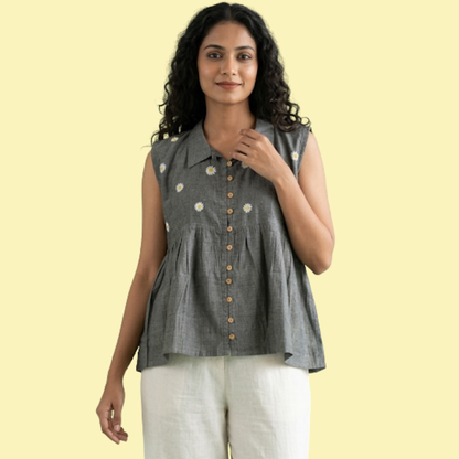 Hand Embroidered Daisy Mangalagiri Top