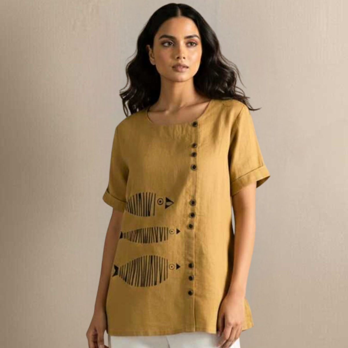 Mustard Slub Cotton Tunic - Hand Painted Fish Motif Sustainable Wear