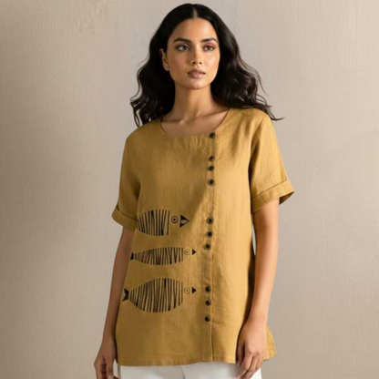 Mustard Slub Cotton Tunic - Hand Painted Fish Motif Sustainable Wear
