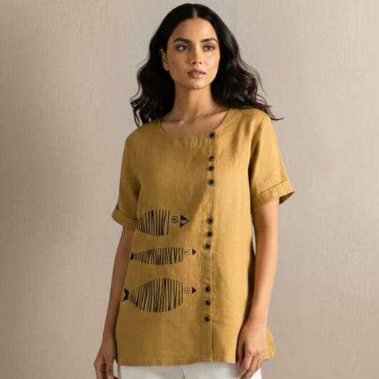 Mustard Slub Cotton Tunic - Hand Painted Fish Motif Sustainable Wear