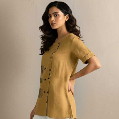 Mustard Slub Cotton Tunic - Hand Painted Fish Motif Sustainable Wear