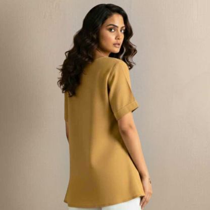 Mustard Slub Cotton Tunic - Hand Painted Fish Motif Sustainable Wear