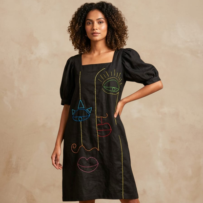 Hand Embroidered Black Linen Midi Dress | Women’s Sustainable Wear