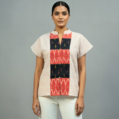 Handwoven Cotton Ikat Color Block Top Mandarin Collar Sustainable Wear