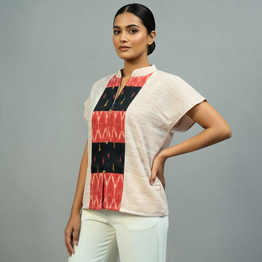 Handwoven Cotton Ikat Color Block Top Mandarin Collar Sustainable Wear