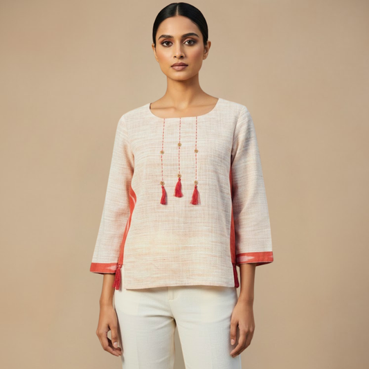 Handwoven Cotton Ikat Full Sleeve - Top with Tassel Detail
