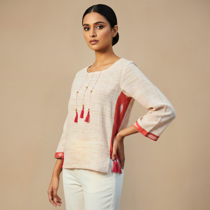 Handwoven Cotton Ikat Full Sleeve - Top with Tassel Detail