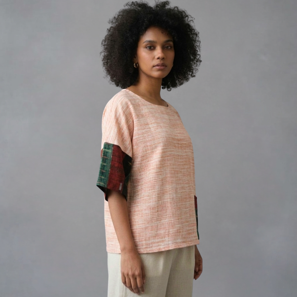 Handwoven Cotton Patchwork Anti-Fit Top  Ikat Colour Block Sleeves - Slow Fashion Sustainable Women's Wear