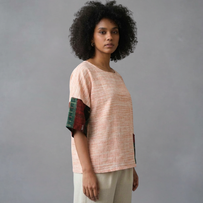 Handwoven Cotton Patchwork Anti-Fit Top  Ikat Colour Block Sleeves - Slow Fashion Sustainable Women's Wear