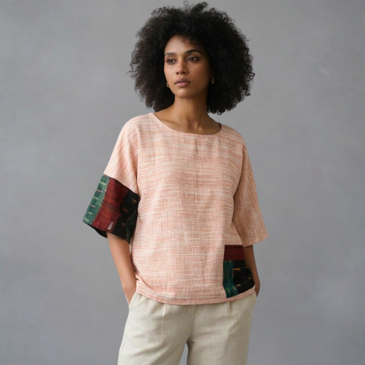 Handwoven Cotton Patchwork Anti-Fit Top  Ikat Colour Block Sleeves - Slow Fashion Sustainable Women's Wear