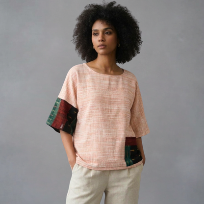 Handwoven Cotton Patchwork Anti-Fit Top  Ikat Colour Block Sleeves - Slow Fashion Sustainable Women's Wear