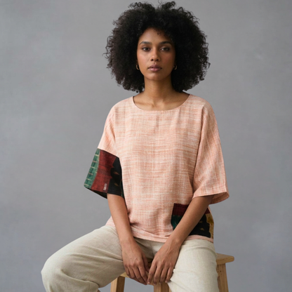 Handwoven Cotton Patchwork Anti-Fit Top  Ikat Colour Block Sleeves - Slow Fashion Sustainable Women's Wear