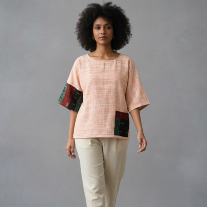 Handwoven Cotton Patchwork Anti-Fit Top  Ikat Colour Block Sleeves - Slow Fashion Sustainable Women's Wear