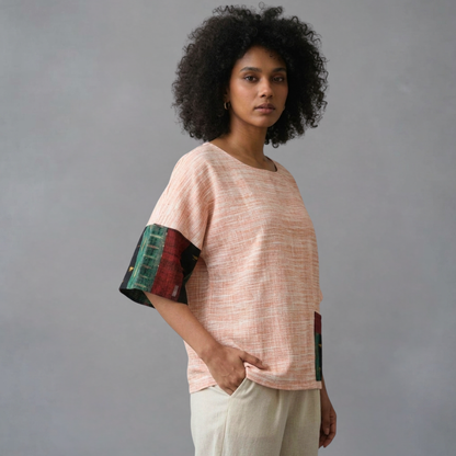 Handwoven Cotton Patchwork Anti-Fit Top  Ikat Colour Block Sleeves - Slow Fashion Sustainable Women's Wear