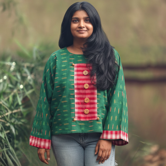 Hand woven cotton ikkat with Gamcha yoke and wooden buttons