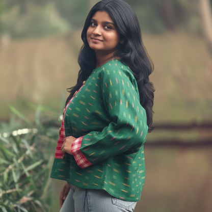 Hand woven cotton ikkat with Gamcha yoke and wooden buttons
