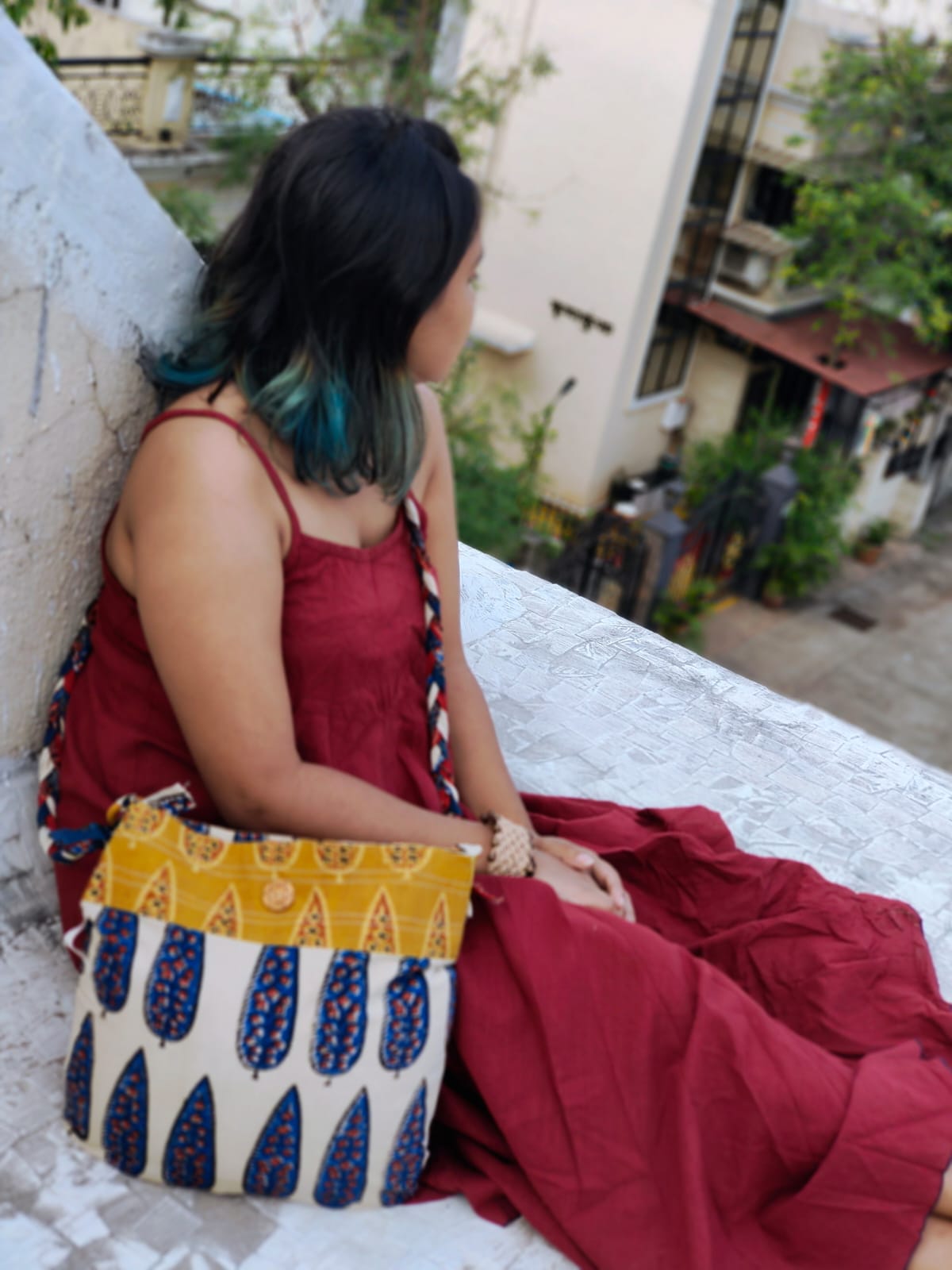 Blue & Off-white Hand Block Printed Braided Ethnic Sling Bags.