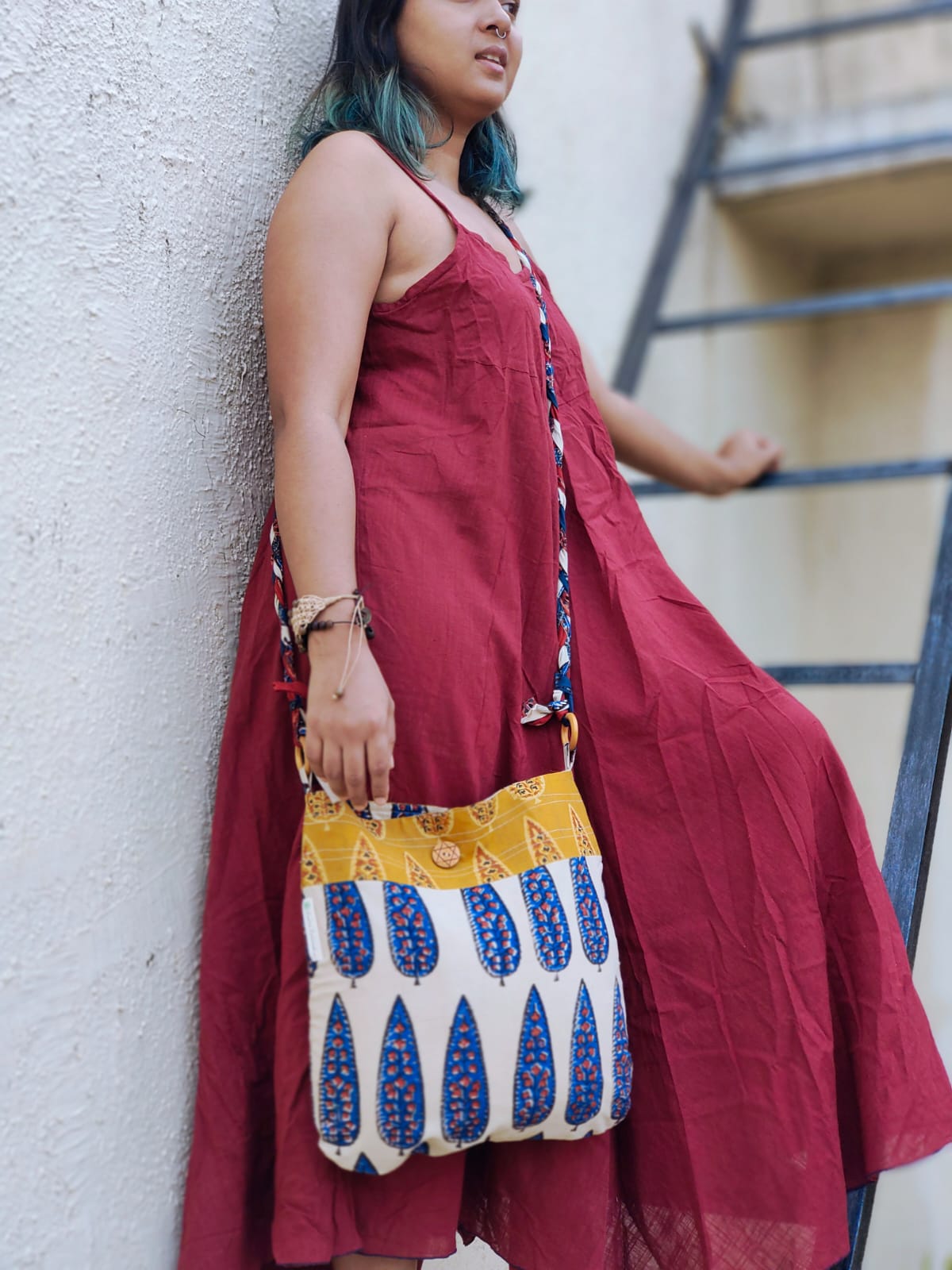 Blue & Off-white Hand Block Printed Braided Ethnic Sling Bags.