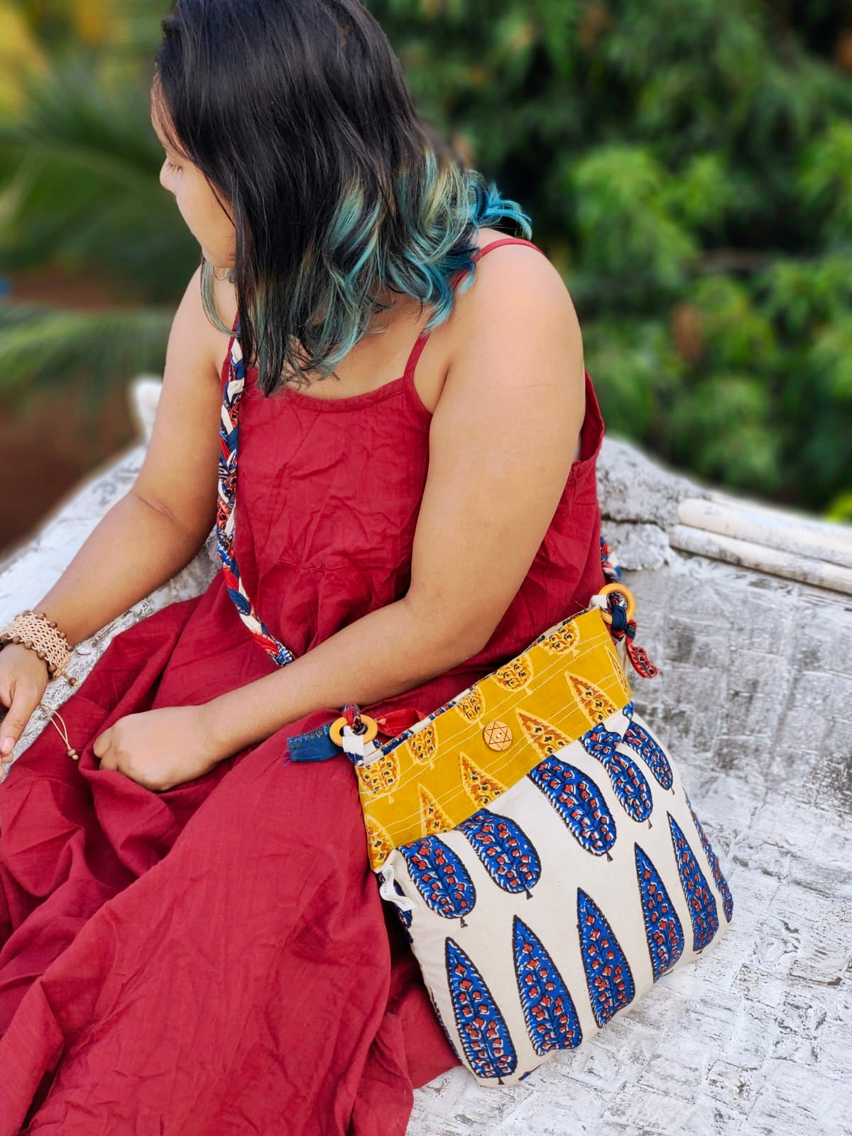 Blue & Off-white Hand Block Printed Braided Ethnic Sling Bags.