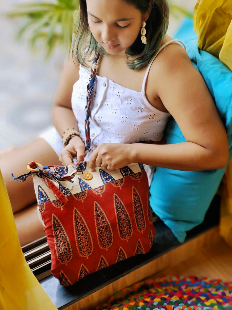 Maroon & Off-White Hand Block Printed Braided Ethnic Sling Bag