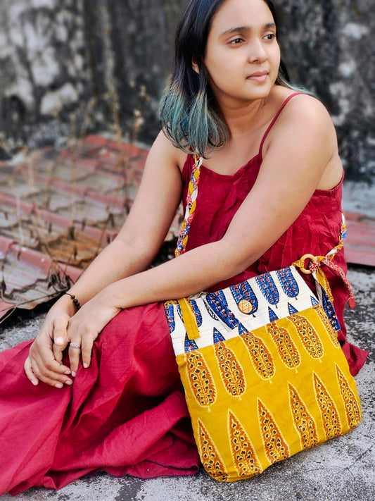 Yellow & Off-White Hand Block Printed Braided Ethnic Sling Bags