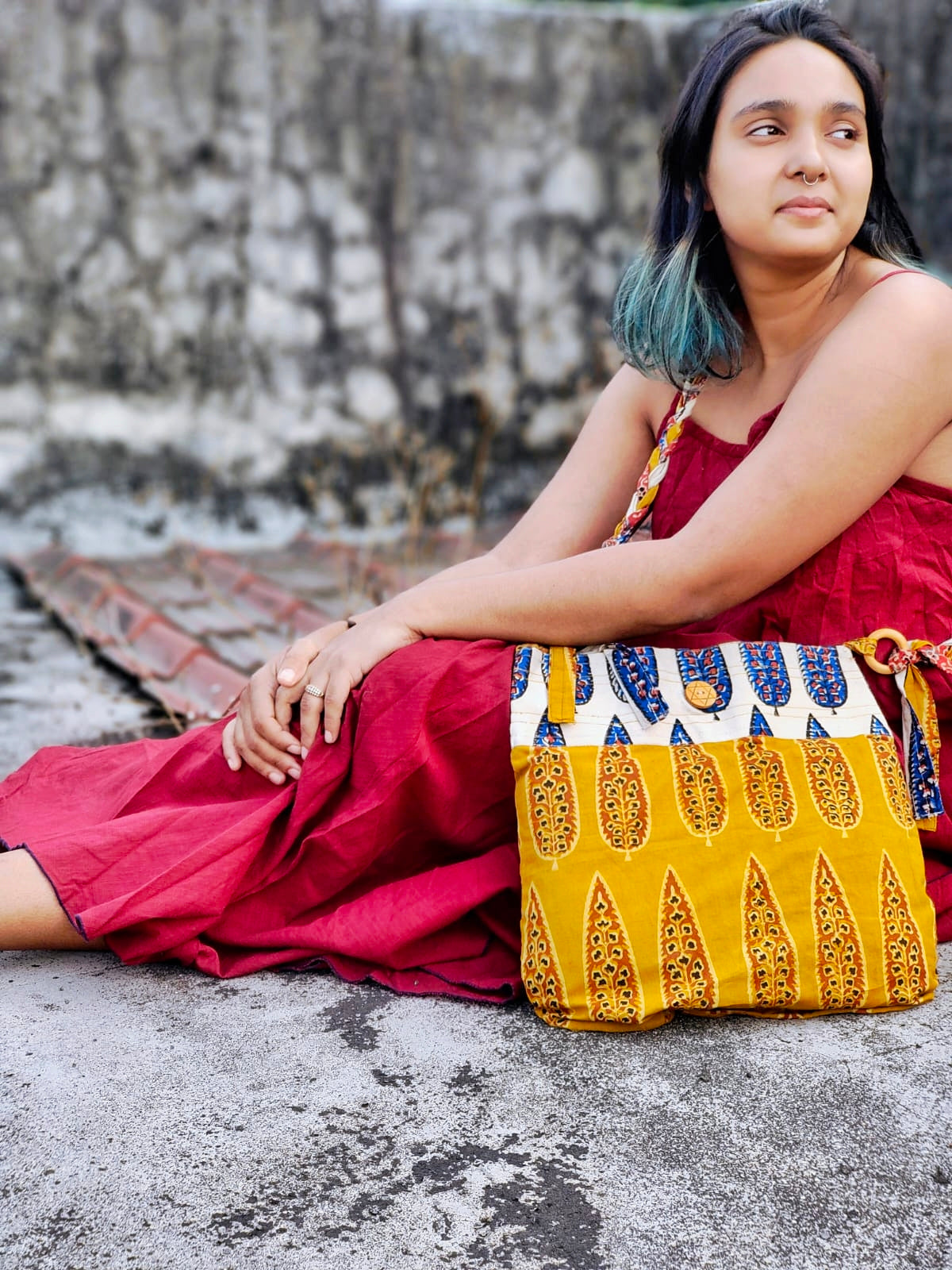 Yellow & Off-White Hand Block Printed Braided Ethnic Sling Bags