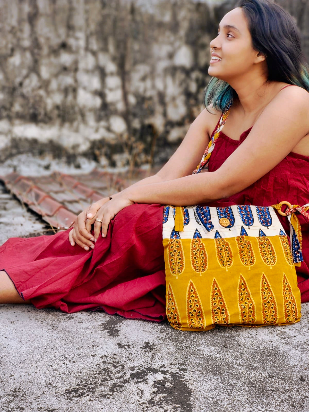 Yellow & Off-White Hand Block Printed Braided Ethnic Sling Bags