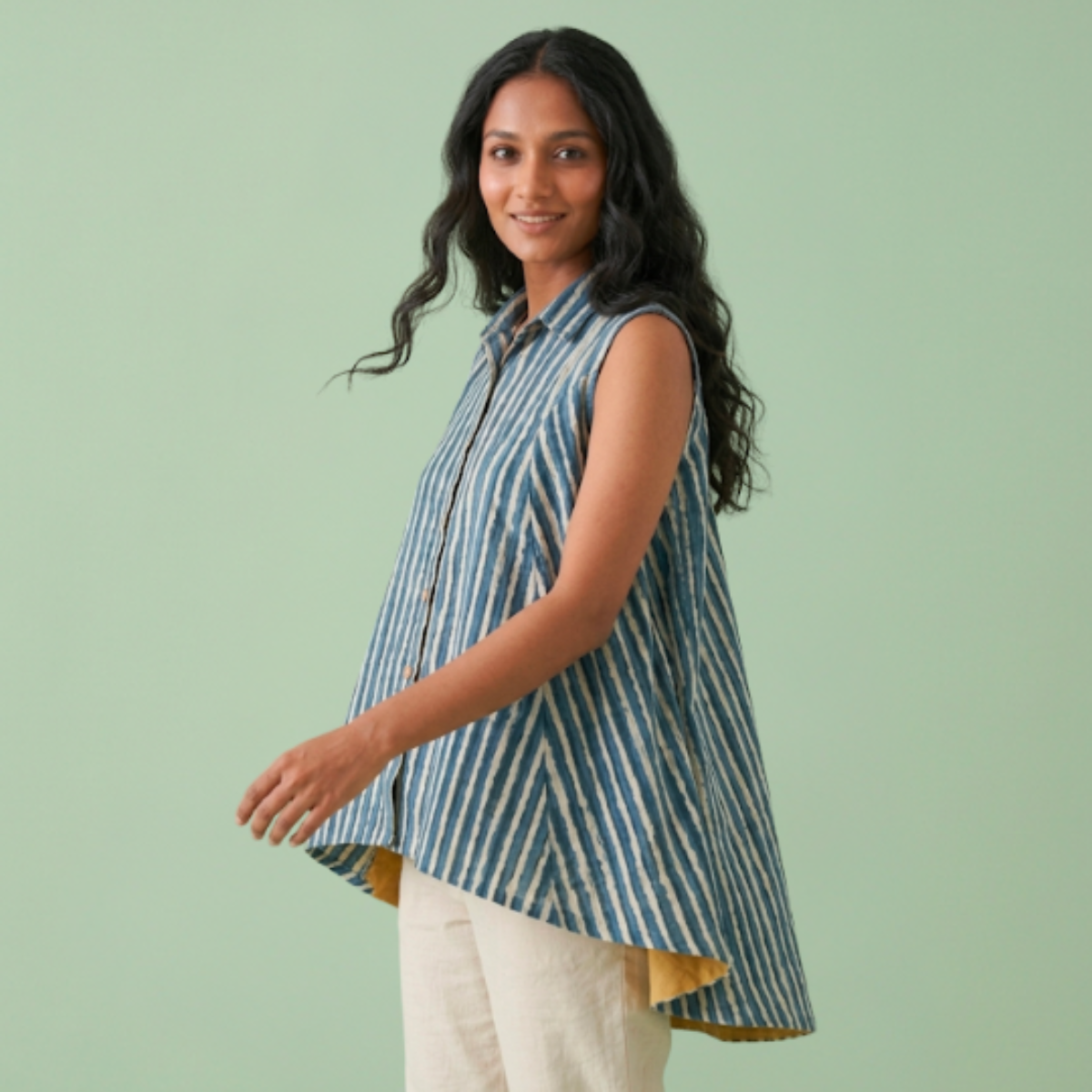 Indigo dye Cotton Sleeveless Collar Top
