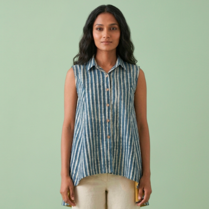 Indigo dye Cotton Sleeveless Collar Top
