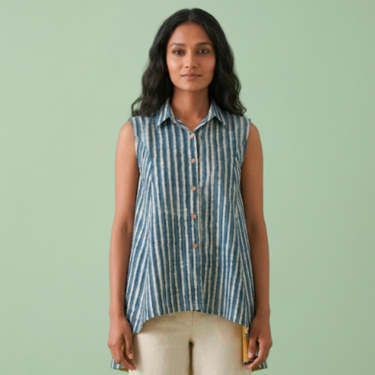 Indigo dye Cotton Sleeveless Collar Top