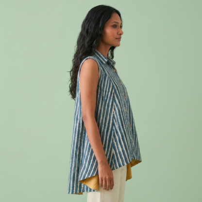 Indigo dye Cotton Sleeveless Collar Top
