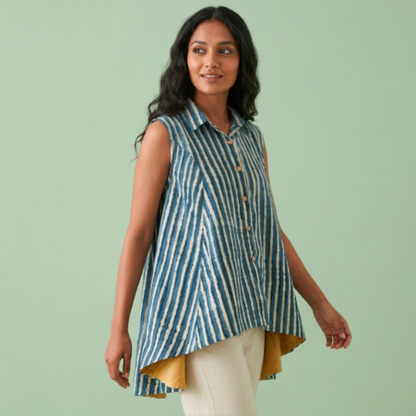 Indigo dye Cotton Sleeveless Collar Top