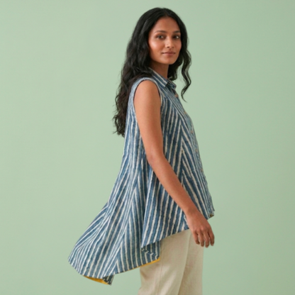 Indigo dye Cotton Sleeveless Collar Top