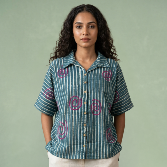 Indigo Dye Strip Shirt With Spiral Embroidery