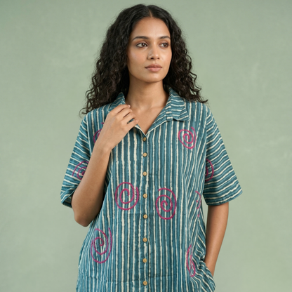 Indigo Dye Strip Shirt With Spiral Embroidery