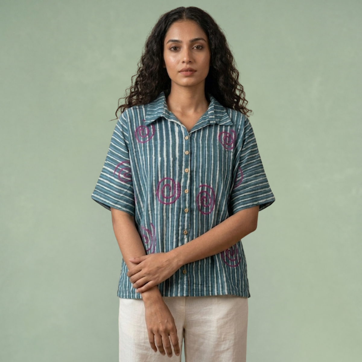 Indigo Dye Strip Shirt With Spiral Embroidery
