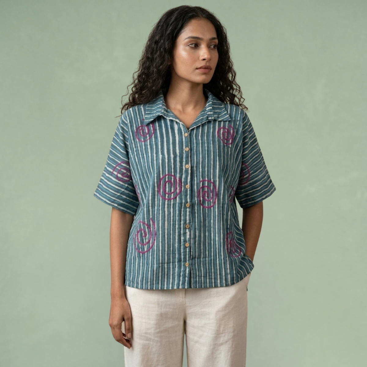 Indigo Dye Strip Shirt With Spiral Embroidery
