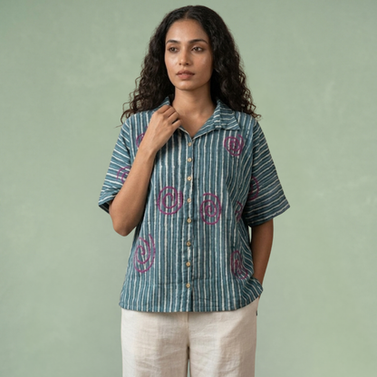 Indigo Dye Strip Shirt With Spiral Embroidery