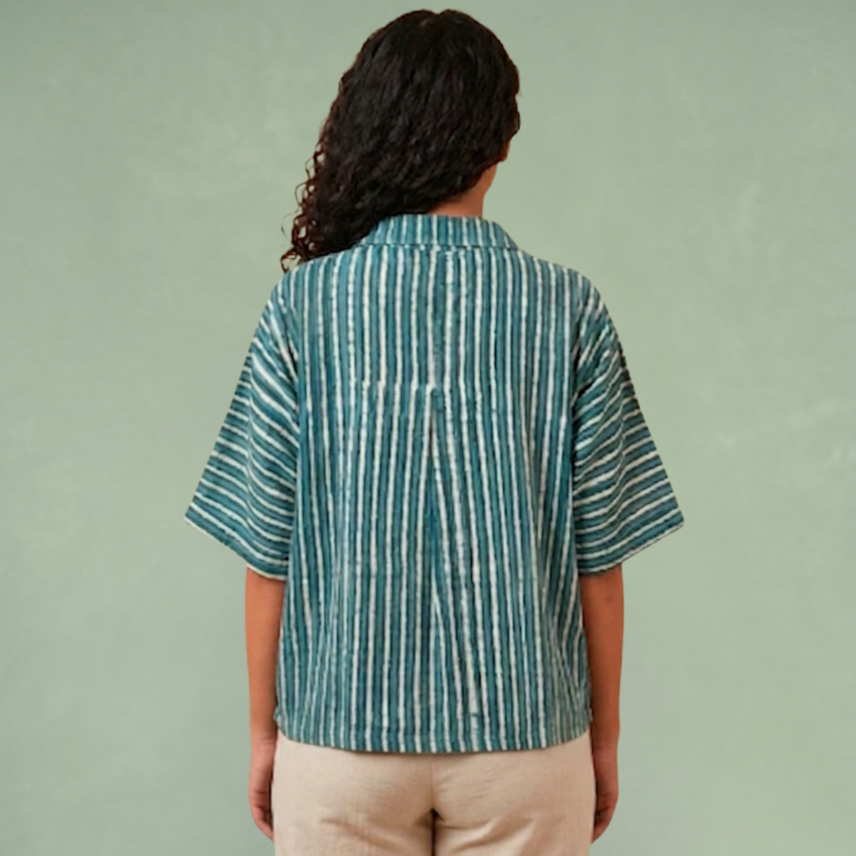 Indigo Dye Strip Shirt With Spiral Embroidery